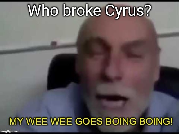 My wee wee goes Boing boing! | Who broke Cyrus? | image tagged in my wee wee goes boing boing | made w/ Imgflip meme maker