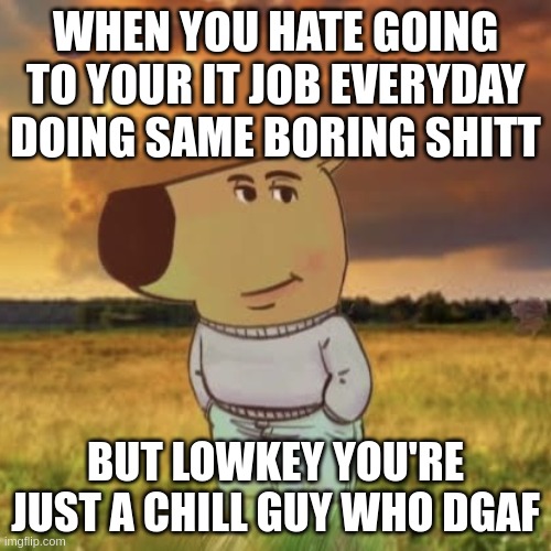 Chill guy | WHEN YOU HATE GOING TO YOUR IT JOB EVERYDAY DOING SAME BORING SHITT; BUT LOWKEY YOU'RE JUST A CHILL GUY WHO DGAF | image tagged in chill guy | made w/ Imgflip meme maker