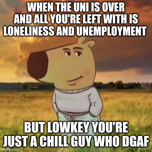 Chill guy | WHEN THE UNI IS OVER AND ALL YOU'RE LEFT WITH IS LONELINESS AND UNEMPLOYMENT; BUT LOWKEY YOU'RE JUST A CHILL GUY WHO DGAF | image tagged in chill guy | made w/ Imgflip meme maker