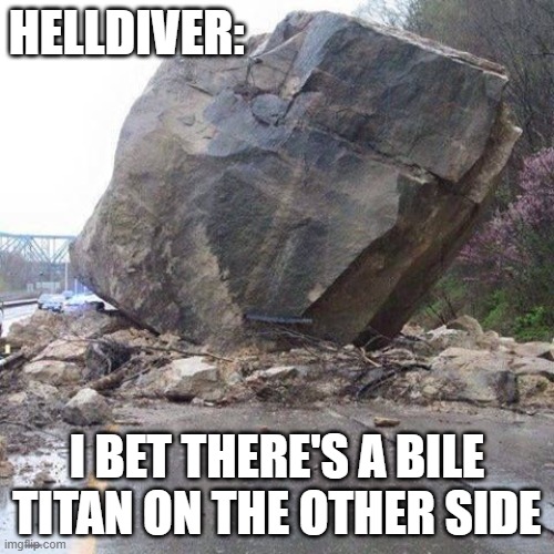 Helldiver Bile Titan | HELLDIVER:; I BET THERE'S A BILE TITAN ON THE OTHER SIDE | image tagged in boulder | made w/ Imgflip meme maker