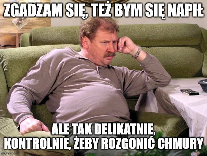 Ferdek kiepski | ZGADZAM SIĘ, TEŻ BYM SIĘ NAPIŁ; ALE TAK DELIKATNIE, KONTROLNIE, ŻEBY ROZGONIĆ CHMURY | image tagged in ferdek kiepski | made w/ Imgflip meme maker