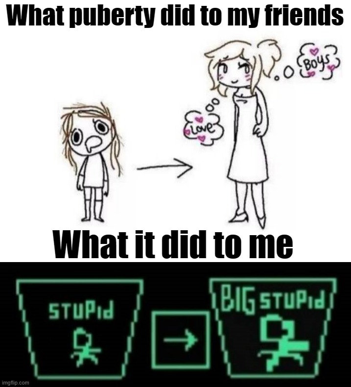 I seem to have gotten even dumber | What puberty did to my friends; What it did to me | image tagged in puberty | made w/ Imgflip meme maker