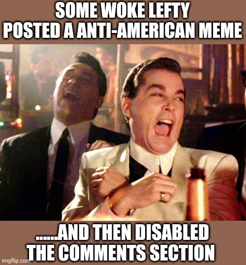 Echo chamber warriors | SOME WOKE LEFTY POSTED A ANTI-AMERICAN MEME; ......AND THEN DISABLED THE COMMENTS SECTION | image tagged in memes,good fellas hilarious | made w/ Imgflip meme maker