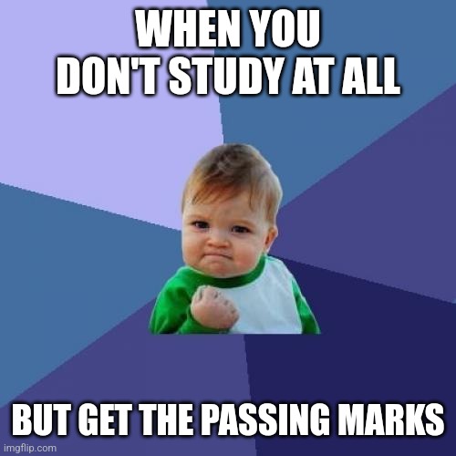 Sucessfully Pass | WHEN YOU DON'T STUDY AT ALL; BUT GET THE PASSING MARKS | image tagged in memes,success kid | made w/ Imgflip meme maker