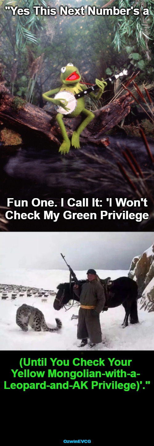 KFHT4ish | "Yes This Next Number's a; Fun One. I Call It: 'I Won't 

 Check My Green Privilege; (Until You Check Your 

Yellow Mongolian-with-a- 

Leopard-and-AK Privilege)'."; OzwinEVCG | image tagged in kermit sings a song,political humor,white privilege,antiwhite myths,badass mongolians,creative europeans | made w/ Imgflip meme maker