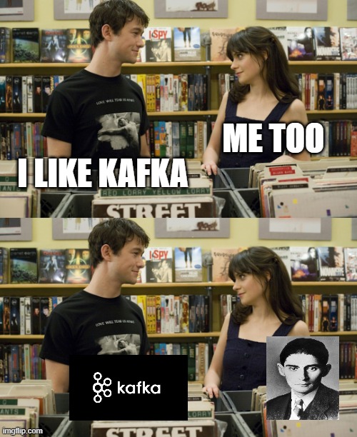 Developer and his girlfriend | ME TOO; I LIKE KAFKA | image tagged in i love video games / me too | made w/ Imgflip meme maker