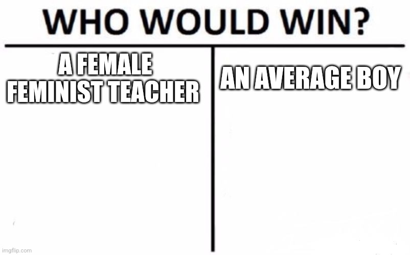 Who Would Win? | A FEMALE FEMINIST TEACHER; AN AVERAGE BOY | image tagged in memes,who would win | made w/ Imgflip meme maker