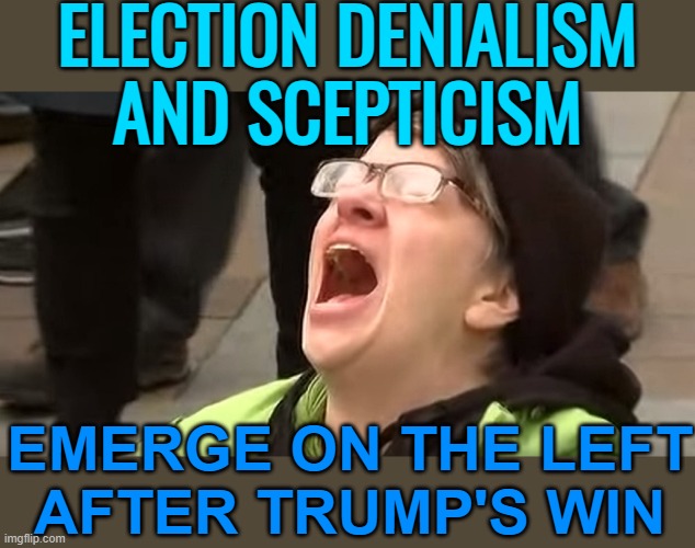 Election Denialism Emerges On The Left | ELECTION DENIALISM
AND SCEPTICISM; EMERGE ON THE LEFT
AFTER TRUMP'S WIN | image tagged in liberal tears,donald trump,breaking news,crying democrats,democrats,triggered liberal | made w/ Imgflip meme maker