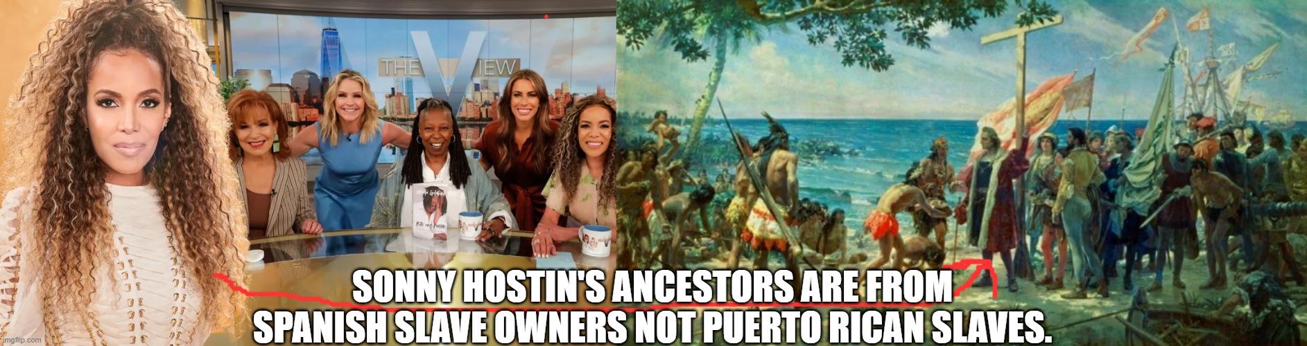 Hypocrisy of racist's are the worse | SONNY HOSTIN'S ANCESTORS ARE FROM SPANISH SLAVE OWNERS NOT PUERTO RICAN SLAVES. | image tagged in the view,whoopie,sonny hostin,racism | made w/ Imgflip meme maker