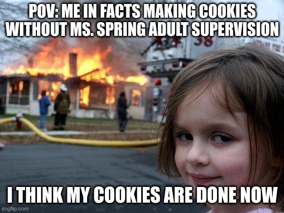 Cooking | POV: ME IN FACTS MAKING COOKIES WITHOUT MS. SPRING ADULT SUPERVISION; I THINK MY COOKIES ARE DONE NOW | image tagged in memes,disaster girl | made w/ Imgflip meme maker