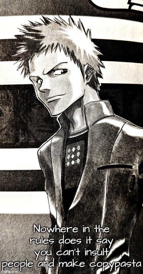 High contrast ichigo | Nowhere in the rules does it say you can't insult people and make copypasta | image tagged in high contrast ichigo | made w/ Imgflip meme maker