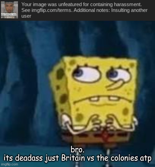 insults are banned?? INSULTS??? you cant just IGNORE IT??? | bro.
its deadass just Britain vs the colonies atp | image tagged in huh | made w/ Imgflip meme maker