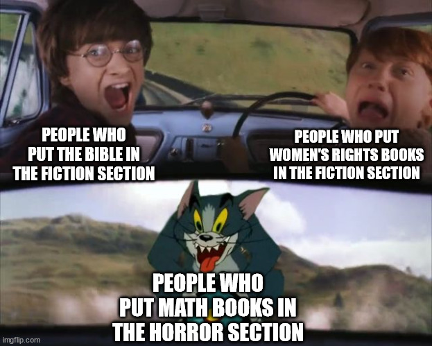 Meme I stole from YouTube | PEOPLE WHO PUT WOMEN'S RIGHTS BOOKS IN THE FICTION SECTION; PEOPLE WHO PUT THE BIBLE IN THE FICTION SECTION; PEOPLE WHO PUT MATH BOOKS IN THE HORROR SECTION | image tagged in tom chasing harry and ron weasly | made w/ Imgflip meme maker