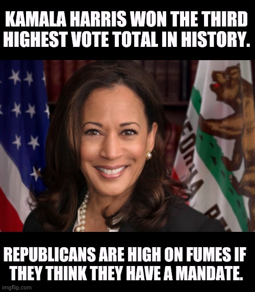 Electoral College BS | KAMALA HARRIS WON THE THIRD HIGHEST VOTE TOTAL IN HISTORY. REPUBLICANS ARE HIGH ON FUMES IF 
THEY THINK THEY HAVE A MANDATE. | image tagged in state attorney general senator vice president kamala harrisis,kamala harris,winner,mandate,republicans,delusional | made w/ Imgflip meme maker