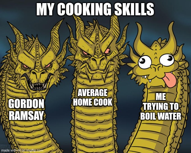 Average cooking memes | MY COOKING SKILLS; AVERAGE HOME COOK; ME TRYING TO BOIL WATER; GORDON RAMSAY | image tagged in three-headed dragon | made w/ Imgflip meme maker