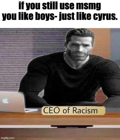 CEO of Racism | if you still use msmg you like boys- just like cyrus. | image tagged in ceo of racism | made w/ Imgflip meme maker