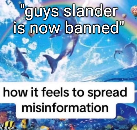 How it feels to spread misinformation | "guys slander is now banned" | image tagged in how it feels to spread misinformation | made w/ Imgflip meme maker