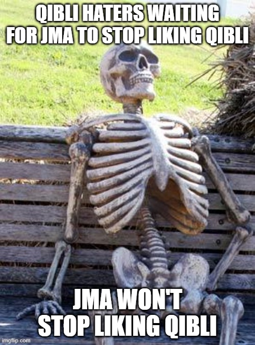 Waiting Skeleton | QIBLI HATERS WAITING FOR JMA TO STOP LIKING QIBLI; JMA WON'T STOP LIKING QIBLI | image tagged in memes,waiting skeleton,wings of fire | made w/ Imgflip meme maker