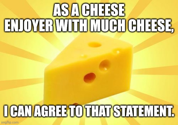 Cheese Time | AS A CHEESE ENJOYER WITH MUCH CHEESE, I CAN AGREE TO THAT STATEMENT. | image tagged in cheese time | made w/ Imgflip meme maker