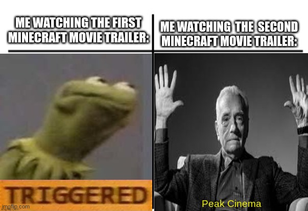 Perhaps I treated you too harshly | ME WATCHING  THE  SECOND MINECRAFT MOVIE TRAILER:; ME WATCHING THE FIRST MINECRAFT MOVIE TRAILER:; Peak Cinema | image tagged in t chart,a minecraft movie,memes | made w/ Imgflip meme maker