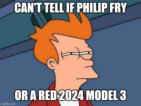 Futurama Fry Meme | CAN'T TELL IF PHILIP FRY; OR A RED 2024 MODEL 3 | image tagged in memes,futurama fry | made w/ Imgflip meme maker