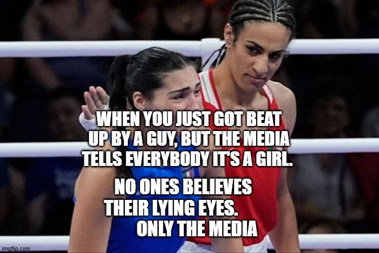 Imane khelif | WHEN YOU JUST GOT BEAT UP BY A GUY, BUT THE MEDIA TELLS EVERYBODY IT'S A GIRL. NO ONES BELIEVES THEIR LYING EYES.                  ONLY THE MEDIA | image tagged in imane khelif | made w/ Imgflip meme maker