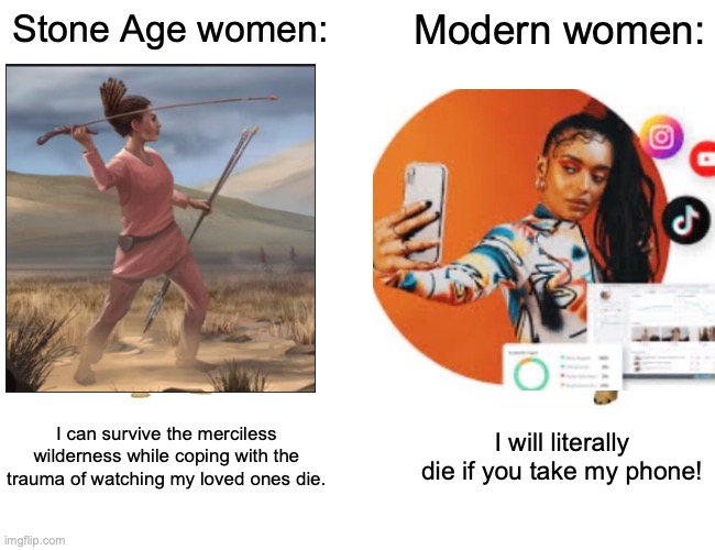 Buff Doge vs. Cheems | Stone Age women:; Modern women:; I can survive the merciless wilderness while coping with the trauma of watching my loved ones die. I will literally die if you take my phone! | image tagged in memes,buff doge vs cheems | made w/ Imgflip meme maker