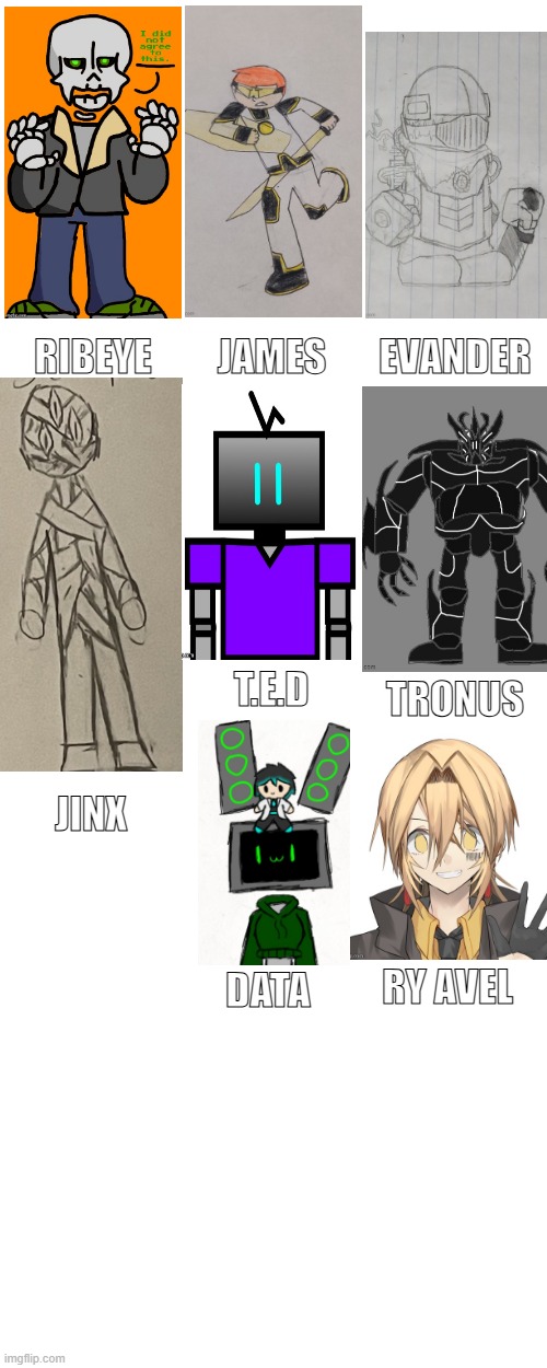 final tournament list (I'm shortening it to 8 so I don't lose my mind finding another 8 OCs) | RIBEYE; JAMES; EVANDER; T.E.D; TRONUS; JINX; RY AVEL; DATA | made w/ Imgflip meme maker
