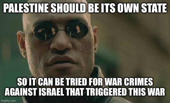 Palestinians didn’t thought this through | PALESTINE SHOULD BE ITS OWN STATE; SO IT CAN BE TRIED FOR WAR CRIMES AGAINST ISRAEL THAT TRIGGERED THIS WAR | image tagged in memes,matrix morpheus | made w/ Imgflip meme maker