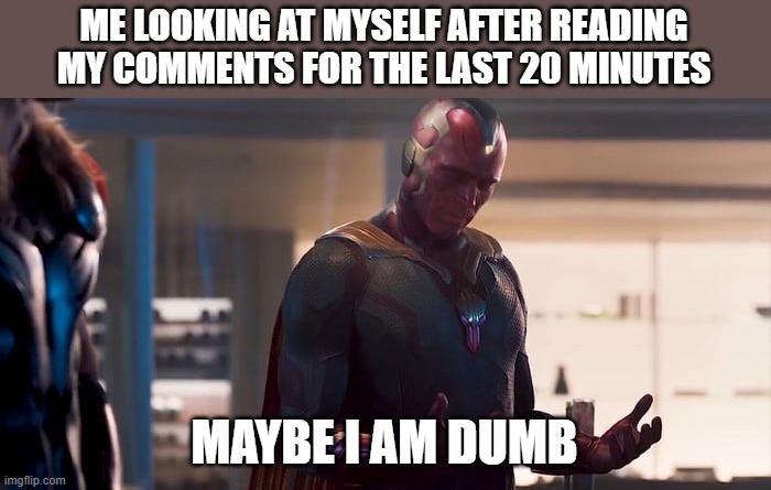 self reflecting | ME LOOKING AT MYSELF AFTER READING MY COMMENTS FOR THE LAST 20 MINUTES; MAYBE I AM DUMB | image tagged in burn,brain,slow | made w/ Imgflip meme maker