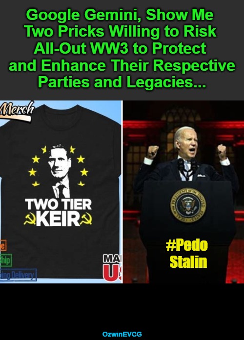 TTK + PPS | Google Gemini, Show Me 

Two Pricks Willing to Risk 

All-Out WW3 to Protect 

 and Enhance Their Respective 

Parties and Legacies... #Pedo 
Stalin; OzwinEVCG | image tagged in keir starmer,two-tier keir,joe biden,pedo stalin,government corruption,world war 3 | made w/ Imgflip meme maker