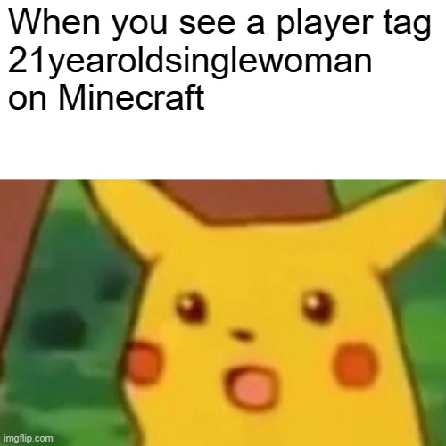 Oh no a pedophile in minecraft | When you see a player tag
21yearoldsinglewoman on Minecraft | image tagged in memes,surprised pikachu | made w/ Imgflip meme maker