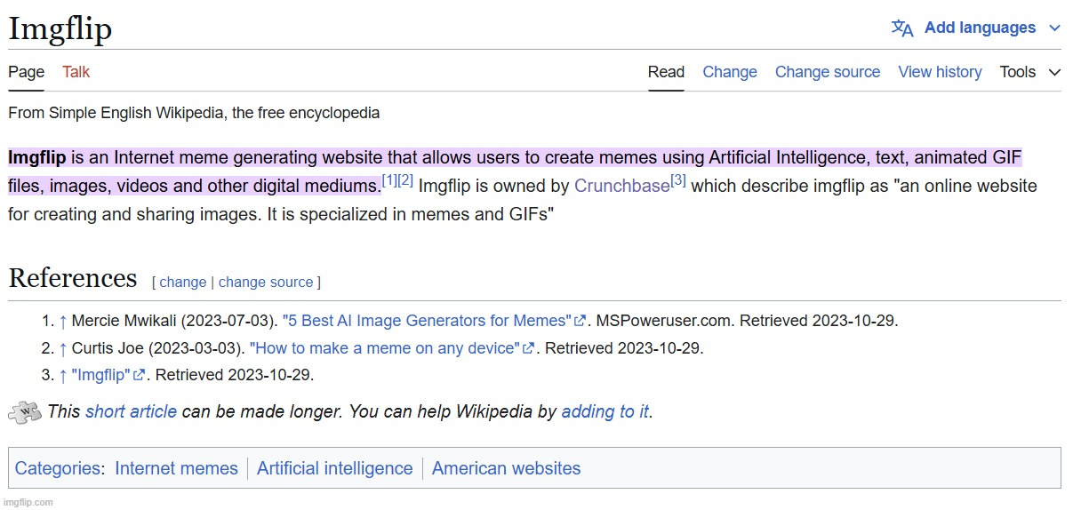 chat this is the entirety of the Wikipedia page on Imgflip. We can do better. | made w/ Imgflip meme maker