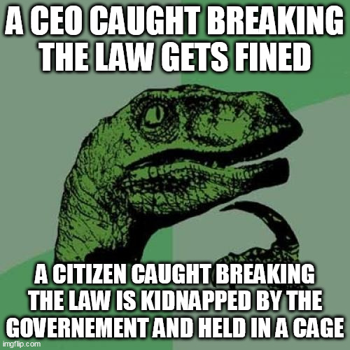 Philosoraptor has a Point | A CEO CAUGHT BREAKING THE LAW GETS FINED; A CITIZEN CAUGHT BREAKING THE LAW IS KIDNAPPED BY THE GOVERNEMENT AND HELD IN A CAGE | image tagged in memes,philosoraptor | made w/ Imgflip meme maker