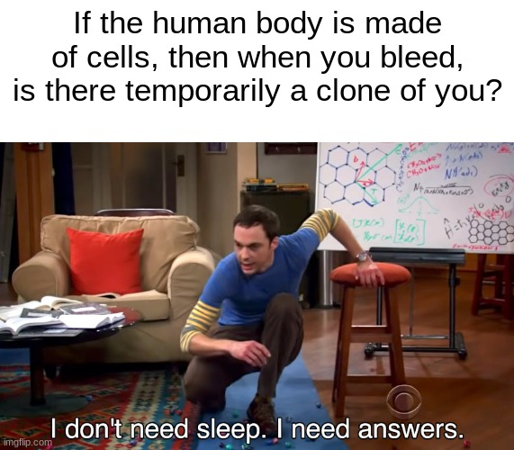 and now there were two | If the human body is made of cells, then when you bleed, is there temporarily a clone of you? | image tagged in i don't need sleep i need answers | made w/ Imgflip meme maker