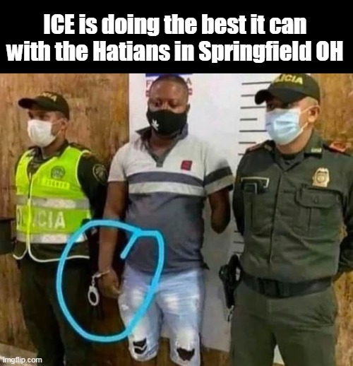 e.g. of what they are up against (especially in LA now) | ICE is doing the best it can with the Hatians in Springfield OH | image tagged in one arm hand cuff haitian meme | made w/ Imgflip meme maker