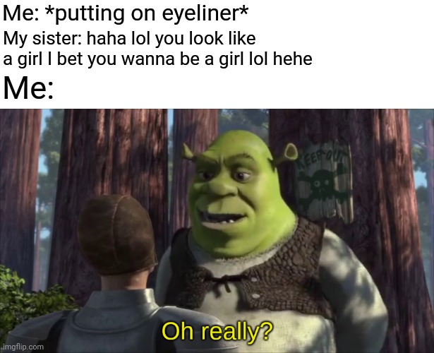 you know ya girl got dat shitpost ready | Me: *putting on eyeliner*; My sister: haha lol you look like a girl I bet you wanna be a girl lol hehe; Me: | image tagged in shrek oh really | made w/ Imgflip meme maker