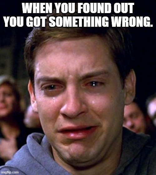 like dis if you cry everytime | WHEN YOU FOUND OUT YOU GOT SOMETHING WRONG. | image tagged in crying peter parker,memes,fun,relatable,meme | made w/ Imgflip meme maker