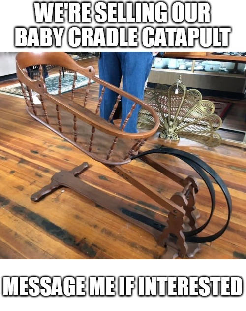 baby cradle catapult for sale | WE'RE SELLING OUR BABY CRADLE CATAPULT; MESSAGE ME IF INTERESTED | image tagged in catapult,baby,cradle,launch,sale | made w/ Imgflip meme maker