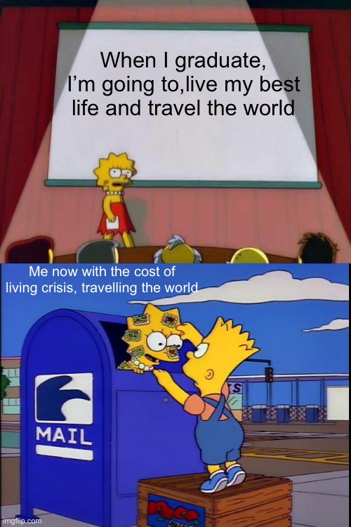 Livin’ the dream, one stamp at a time | When I graduate, I’m going to,live my best life and travel the world; Me now with the cost of living crisis, travelling the world | image tagged in lisa simpson's presentation,food stamps,travel,living,inflation | made w/ Imgflip meme maker