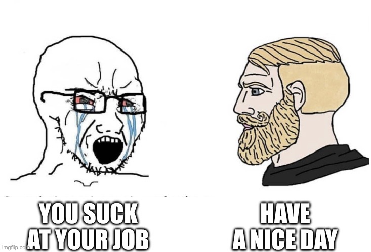 Soyboy Vs Yes Chad | HAVE A NICE DAY; YOU SUCK AT YOUR JOB | image tagged in soyboy vs yes chad,retail,jobs,have a nice day,2024 | made w/ Imgflip meme maker