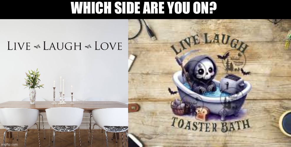 Which side are you on? | WHICH SIDE ARE YOU ON? | image tagged in live love laugh,toaster,bath,which side are you on | made w/ Imgflip meme maker