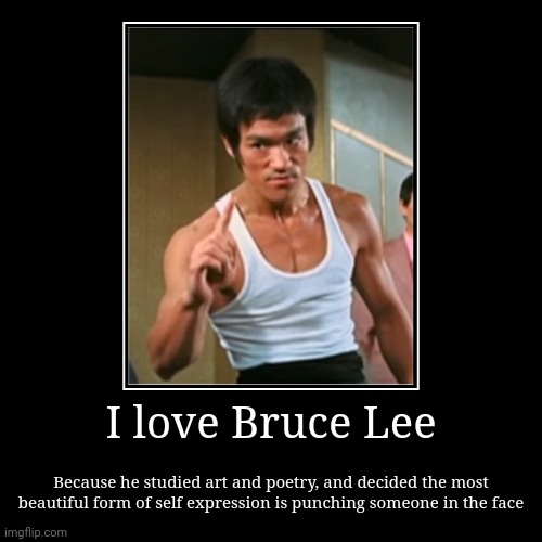 I love Bruce Lee | Because he studied art and poetry, and decided the most beautiful form of self expression is punching someone in the face | image tagged in funny,demotivationals | made w/ Imgflip demotivational maker