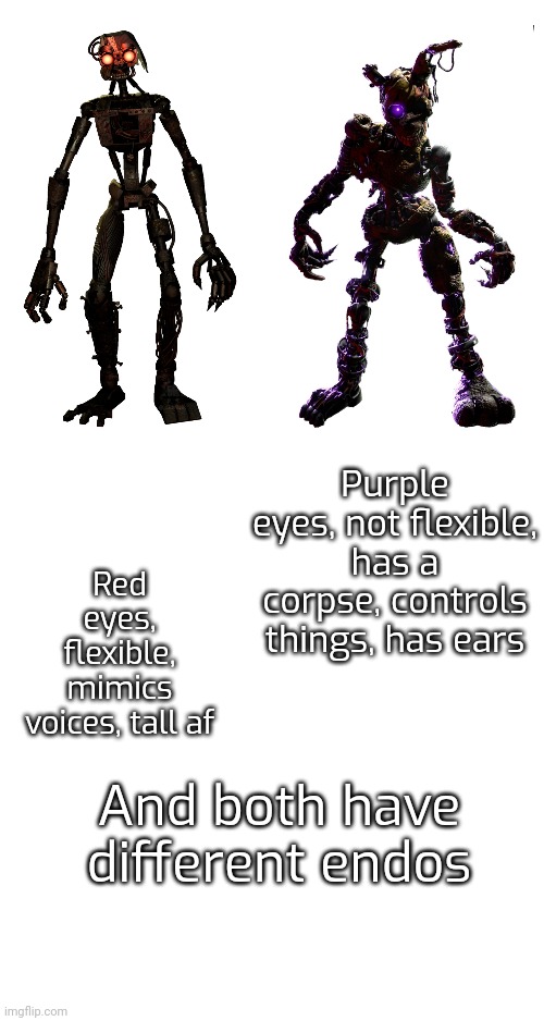 Since some people think they are the same still | Red eyes, flexible, mimics voices, tall af; Purple eyes, not flexible, has a corpse, controls things, has ears; And both have different endos | made w/ Imgflip meme maker