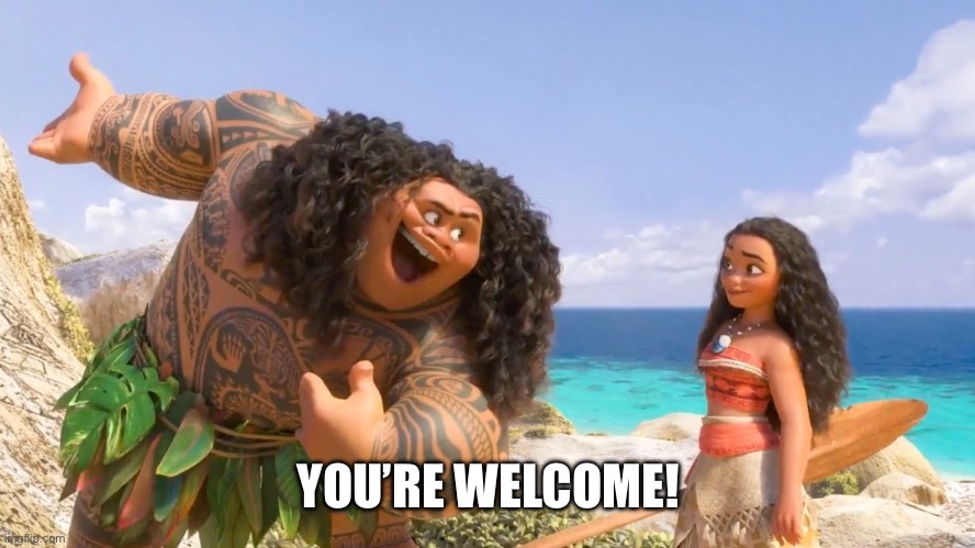 YOU’RE WELCOME! | image tagged in maui you are welcome | made w/ Imgflip meme maker