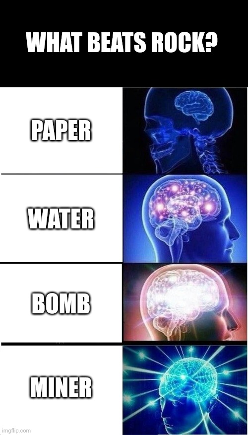 Expanding Brain | WHAT BEATS ROCK? PAPER; WATER; BOMB; MINER | image tagged in memes,expanding brain,rock paper scissors | made w/ Imgflip meme maker