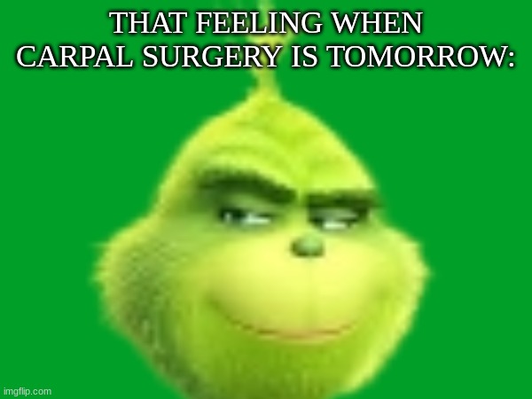 Carpal surgery is tomorrow >:) | THAT FEELING WHEN CARPAL SURGERY IS TOMORROW: | image tagged in surgery,grinch,green background,funny,the grinch | made w/ Imgflip meme maker