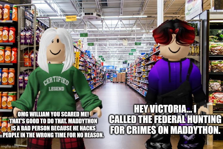 Victoria hasn't heard anything mentioning Maddython in a while! | HEY VICTORIA... I CALLED THE FEDERAL HUNTING FOR CRIMES ON MADDYTHON. OMG WILLIAM YOU SCARED ME! THAT'S GOOD TO DO THAT. MADDYTHON IS A BAD PERSON BECAUSE HE HACKS PEOPLE IN THE WRONG TIME FOR NO REASON. | image tagged in william,victoria,memes,maddython,cribmart | made w/ Imgflip meme maker