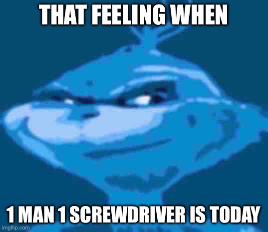 Blue Grinch | THAT FEELING WHEN; 1 MAN 1 SCREWDRIVER IS TODAY | image tagged in blue grinch | made w/ Imgflip meme maker