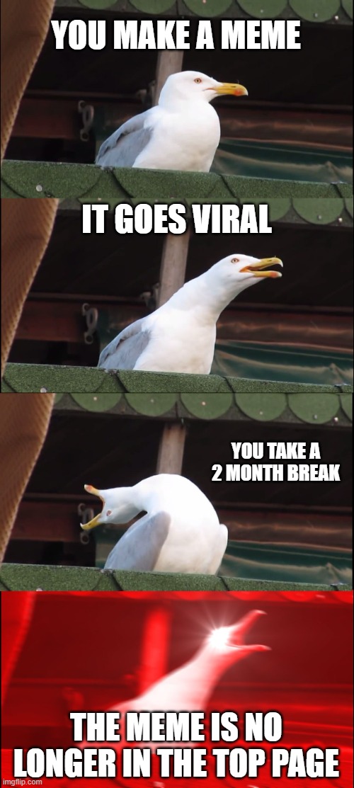 This happened to my Yoda meme | YOU MAKE A MEME; IT GOES VIRAL; YOU TAKE A 2 MONTH BREAK; THE MEME IS NO LONGER IN THE TOP PAGE | image tagged in memes,inhaling seagull | made w/ Imgflip meme maker